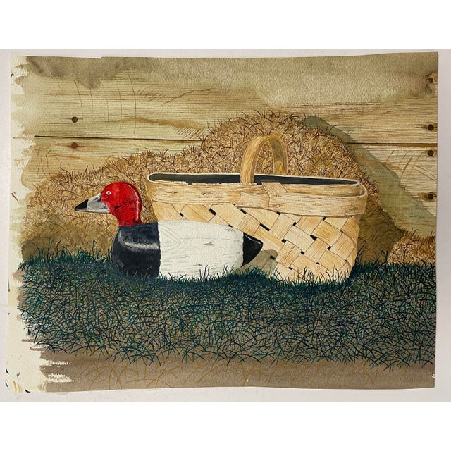 1980s David Horn Duck Decoy and Basket Still Life Watercolor For Sale - Image 4 of 5