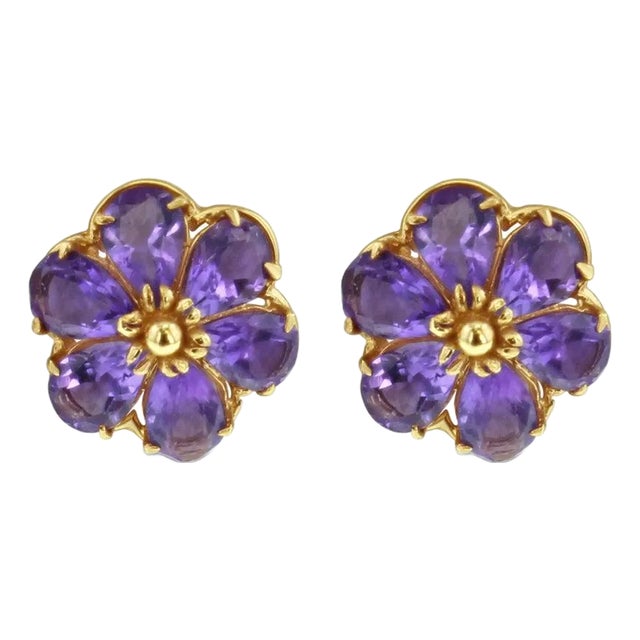 Amethyst Flower Shaped Studs 14k Yellow Gold, 2 Pieces For Sale