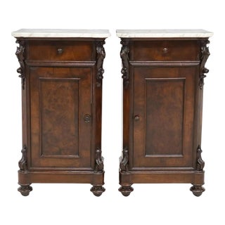 Pair of Antique 19c Italian Marble Top Walnut Nightstand Bedside Cabinets For Sale