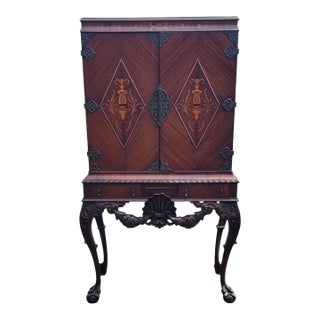 Stunning Rare 1920s Inlaid Carved Accent Cabinet For Sale