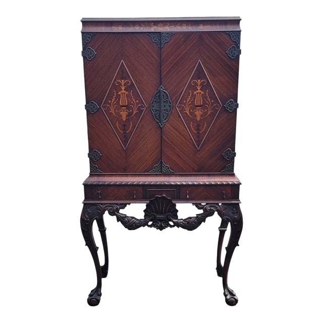 Stunning Rare 1920s Inlaid Carved Accent Cabinet For Sale