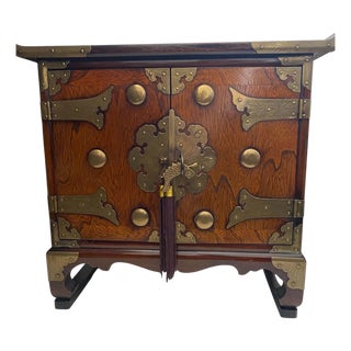 Mid-Century Chinese Brass-Mounted Hardwood Cabinet With Lock & Calligraphy Interior For Sale