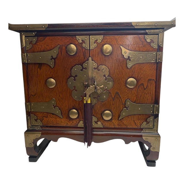 Mid-Century Chinese Brass-Mounted Hardwood Cabinet With Lock & Calligraphy Interior For Sale
