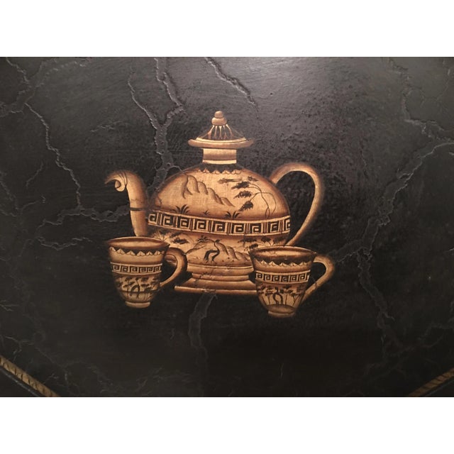 English Hand-Painted Tea Cup Design Black Tole Tray For Sale - Image 3 of 13