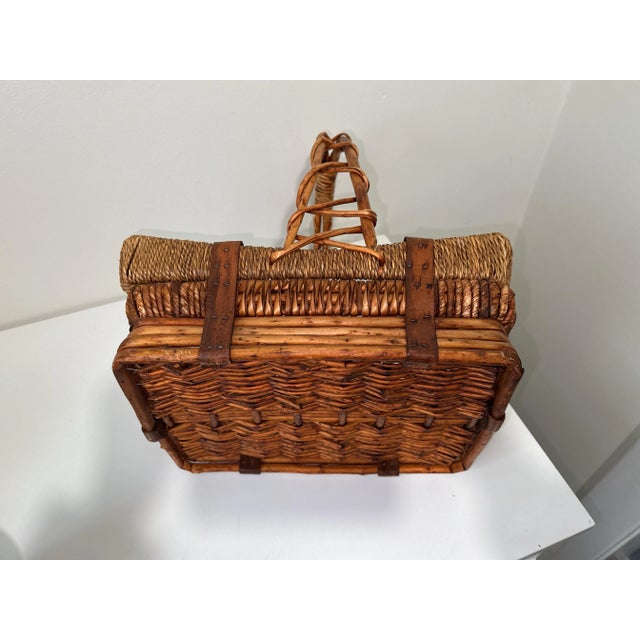 Brown Wicker & Rattan Basket Handled Basket For Sale - Image 8 of 11