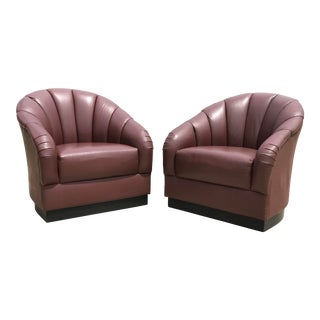 1980s Vintage Rolling Plinth Base Ward Bennett Brickell Pleated Channel Leather Club Chairs - a Pair For Sale