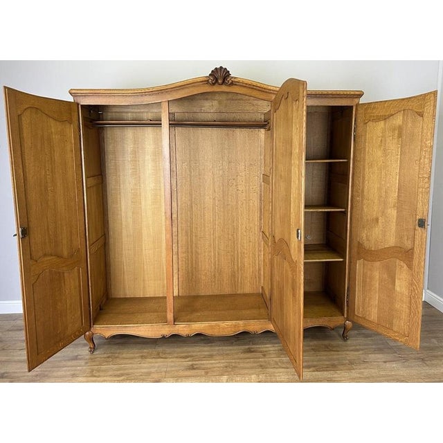 Vintage French Louis XVI Style Carved Oak 3-Door Armoire For Sale - Image 12 of 13