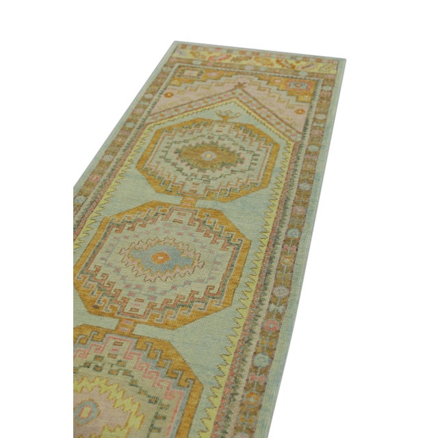 Early 21st Century Pink & Blue Handmade Modern Turkish Oushak Runner 3' X 10'6" For Sale - Image 4 of 6