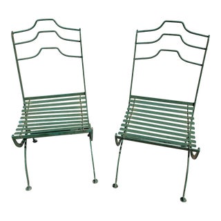 Vintage 1960’s French Green Iron Bistro Folding Garden Chairs - A Pair For Sale