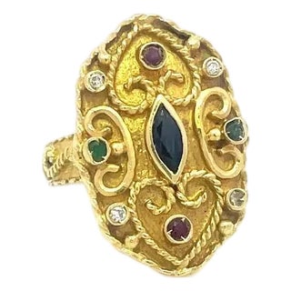 Diamond 18k Gold Byzantine Ring Gems Yellow Etruscan Style For Sale
