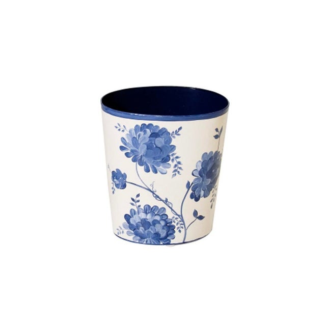 Lovely, blue and white floral wastebasket. Hand painted metal.