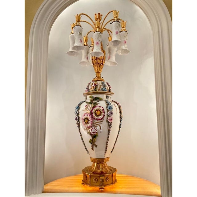 Rococo Late 20th Century Pair Monumental Tiche Milano Porcelain Floral Urn Lamps, Italy For Sale - Image 3 of 11
