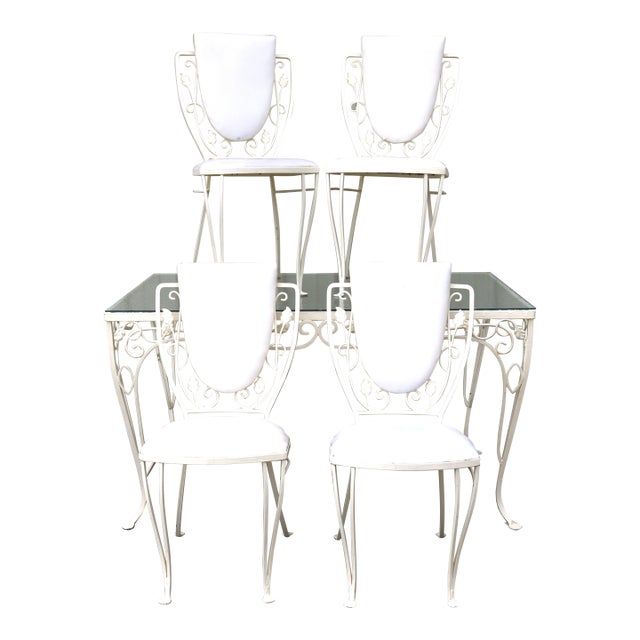 Vintage John Salterini Style Wrought Iron & Glass Dining Table & 4 Wrought Iron Chairs For Sale