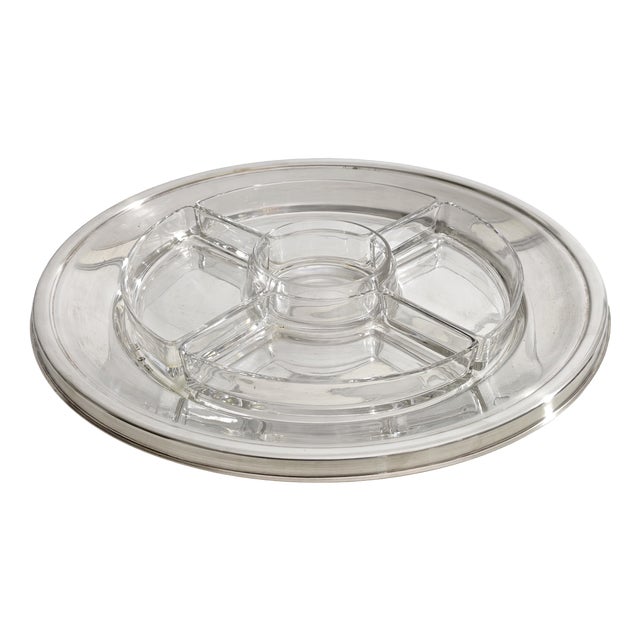 Italian Silver Plated Appetizer Serving Piece with 5 Clear Glass Sectors, 1980s For Sale