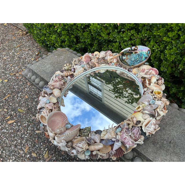 Cream Vintage Oval Seashell Encrusted Mirror For Sale - Image 8 of 10