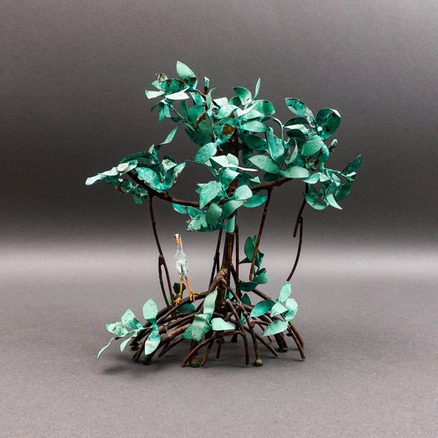 Jim Lewk Signed Florida Mangrove Heron Bird Verdigris Patina Copper Sculpture. Measures approximately 11 1/4" long, 5 3/4"...