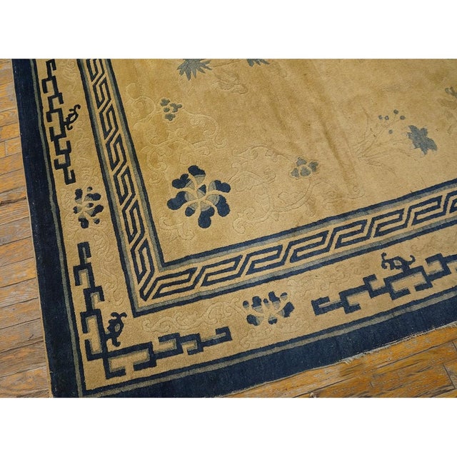 Beige 1900s Beige Foliate Greek Key Deco Antique Chinese Peking Wool Rug 8'4" X 10'2" For Sale - Image 8 of 9