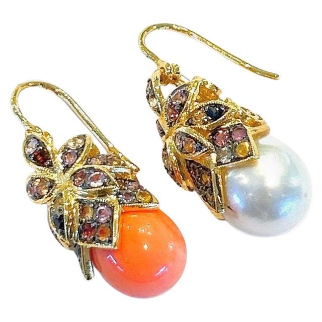 Bochic “Capri” Coral, Pearl & Rose Cut Sapphire Earrings Set18K Gold & Silver For Sale - Image 4 of 11