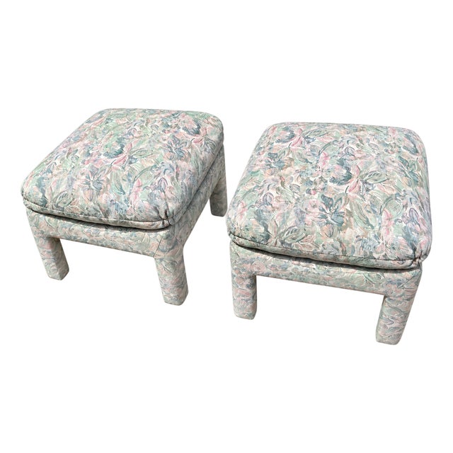 Pair of Pillow Top Upholstered Parsons Ottomans in the Style of Milo Baughman For Sale
