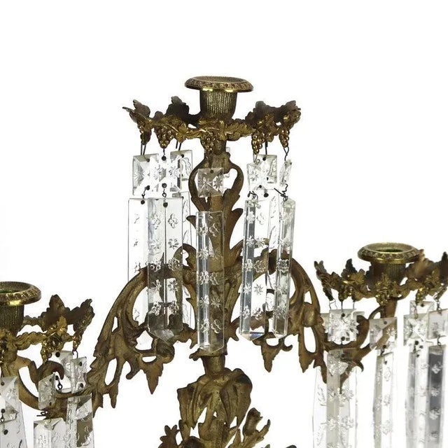 Pair of Antique Bronze & Crystal Three-Light Floral Basket Girandoles C1880 For Sale - Image 12 of 14