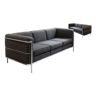 Pair of 1980s Jack Cartwright Corbusier Lc2 Style Black Fabric & Chrome Sofas For Sale