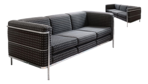 Pair of 1980s Jack Cartwright Corbusier Lc2 Style Black Fabric & Chrome Sofas