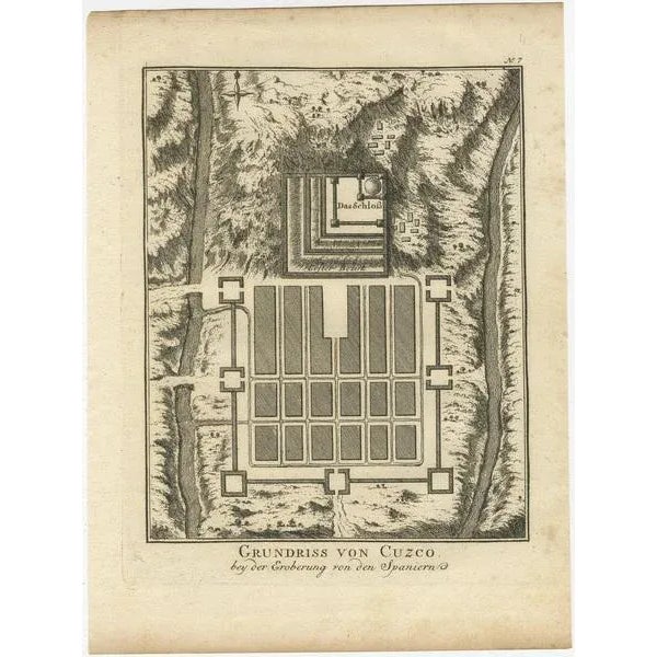 Antique print titled 'Grundriss von Cuzco bey der Eroberung von den Spaniern'. Old plan of the city of Cusco, Peru, often...