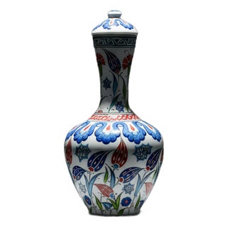 Handmade Ceramic Iznik Bottle Vase with Lid Red Tulip and Geometric Pattern For Sale