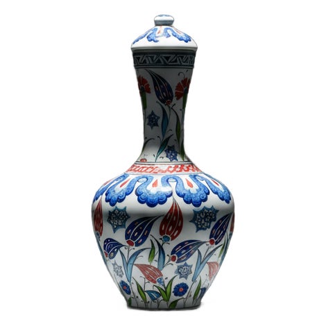 Handmade Ceramic Iznik Bottle Vase with Lid Red Tulip and Geometric Pattern For Sale