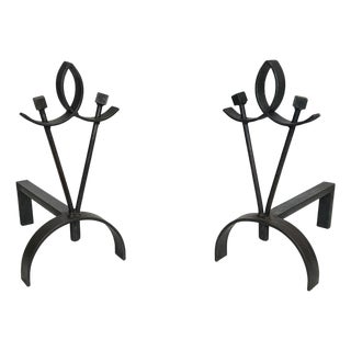 Pair of Modernist Wrought Iron Andirons. French Work. Circa 1940 For Sale