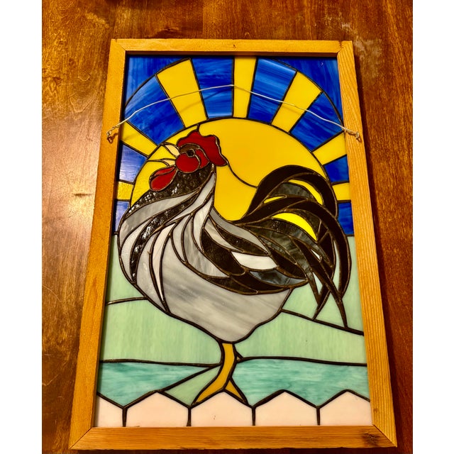 Mid 20th Century Framed Handcrafted Stain Glass Rooster and Vibrant Sunrise For Sale - Image 10 of 11