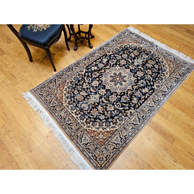 Vintage Persian Nain Area Rug, Hand-Knotted Wool & Silk, Floral Pattern, 4x6, Navy & Ivory For Sale - Image 10 of 18