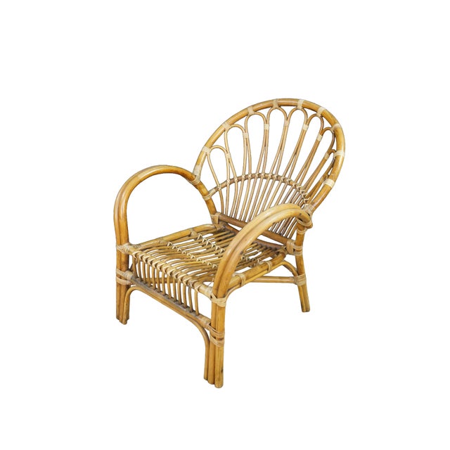 Mid-Century Modern Pair Mid Century Modern Rattan Bamboo Armchairs Boho Sunburst Fan Back Chairs For Sale - Image 3 of 18