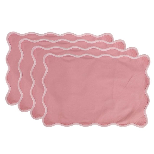 Handmade Scalloped Rectangular Placemats, Light Pink with Pink Piping - Set of 4 For Sale - Image 6 of 6