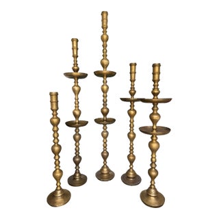 Vintage 1960s Moroccan Etched Brass Pillar Altar Floor Candle Stands = 5 Altars (35 Pieces) For Sale
