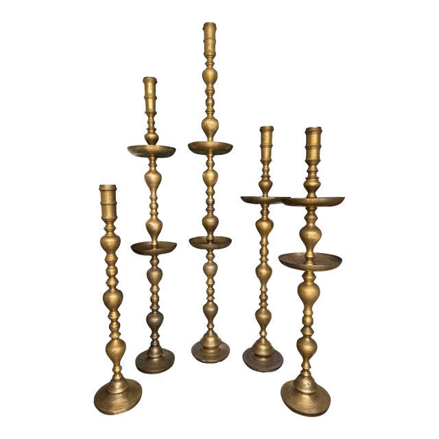 Vintage 1960s Moroccan Etched Brass Pillar Altar Floor Candle Stands = 5 Altars (35 Pieces) For Sale
