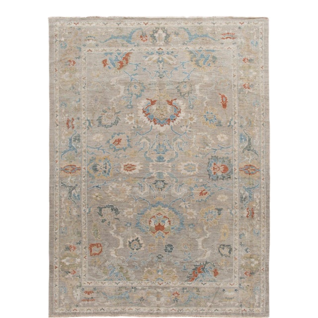 Modern Gray Sultanabad Handmade Floral Wool Rug For Sale