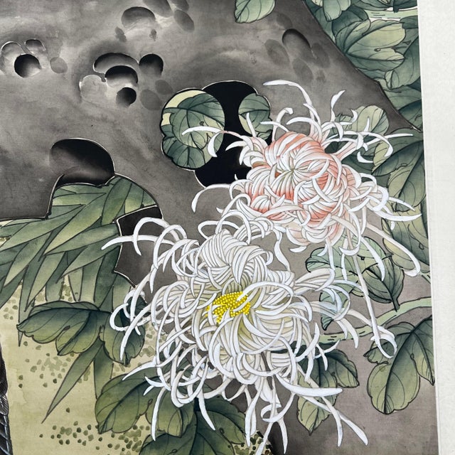 Chinoiserie 34” x 23” hand-painted silk panel // pair of quail and Chinese chrysanthemums with silk brocade border // vintage artwork // Chinoiserie For Sale - Image 3 of 8