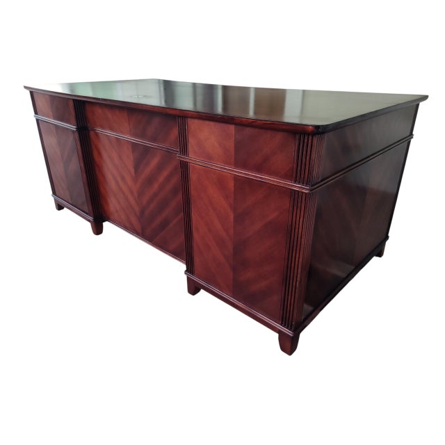 Restored French Art Deco Executive Desk | 72" Sunburst Veneer Pedestal Desk For Sale In San Diego - Image 6 of 16