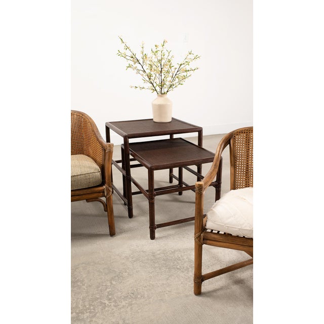 Nest of Three McGuire Rattan Cane Raffia and Oak Side Tables For Sale - Image 16 of 18