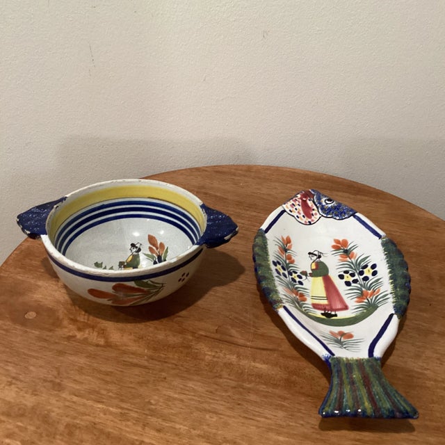 Vintage Henriot Quimper Fish Dish # 540 & Soup Bowl With Handles #178 France- 2 Pieces For Sale - Image 13 of 13