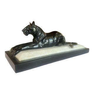 Vintage Bombay Black Panther Marble Table Top Sculpture Vintage Postmodern Bronze For Sale