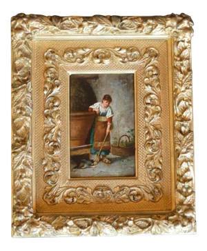 Italian 19th Century Oil Painting on Board, Girl and Cat, Original Frame