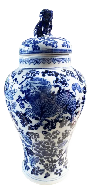Chinoiserie Blue and White Porcelain Covered Jar 13" H