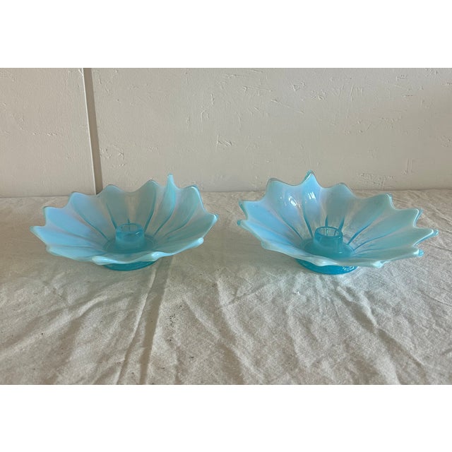 Vintage Pair Fostoria Heirloom Opalescent Blue Candle Holders For Sale - Image 4 of 17