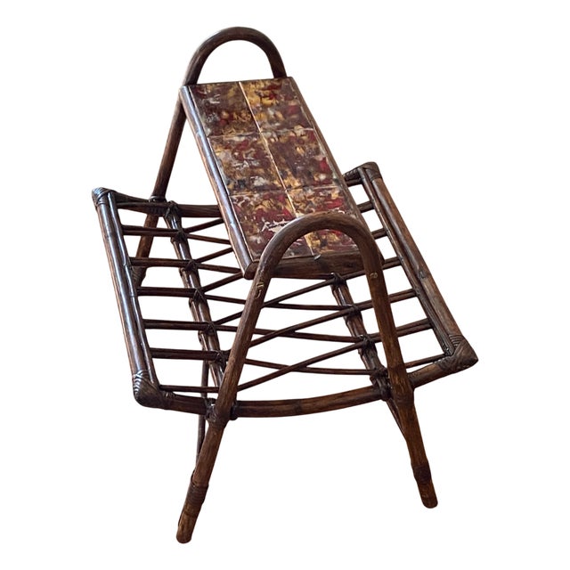 Rattan Magazine Rack with Ceramic Tile Shelf, 1970s For Sale