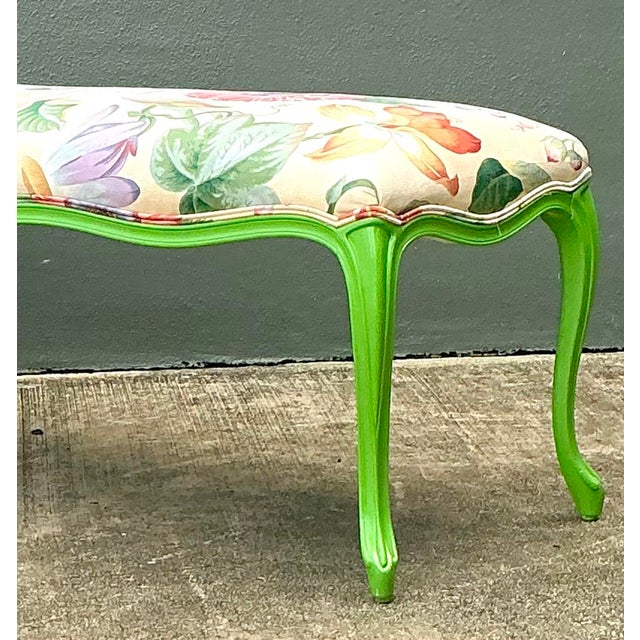 French Provincial Vintage Lacquered Floral Bench For Sale - Image 3 of 12