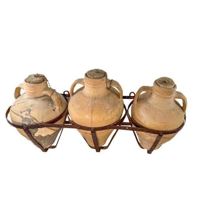 Rustic European Early 20th Century 3 Spanish Oil Jars on Metal Rack For Sale - Image 3 of 5