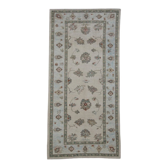 Turkish Oushak Rug Beige, Green & Rust Handwoven Wool Rug 4'6" X 9'3" For Sale