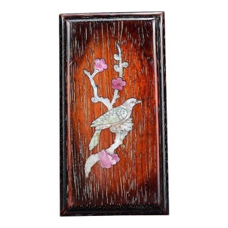 1990s Rectangular Wood Keepsake Box, Mother of Pearl Inlaid Magpie & Plum Blossom Motif For Sale